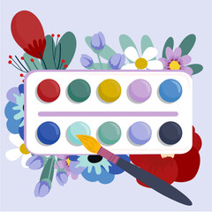 Flat Design Illustration with Watercolor and Brush,Flowers