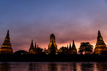 Temples in Ayutthaya during the sunset from the river
