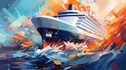 Cruise ship in the ocean. Concept tourism travel. Painting of a liner on sea waves. Digital art. Illustration for cover, card, postcard, interior design, decor or print.