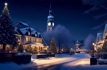 Fototapeta premium A fairy-tale Christmas night in an old European city with a Christmas tree and lights, AI generation