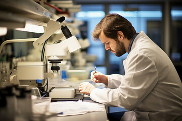 Bearded man lab technician selectively inoculating enrichment broth for microscopic examination. - obrazy, fototapety, plakaty