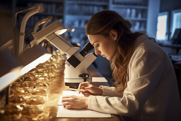Woman lab technician skillfully inoculating agar plate for microscopic examination. - obrazy, fototapety, plakaty