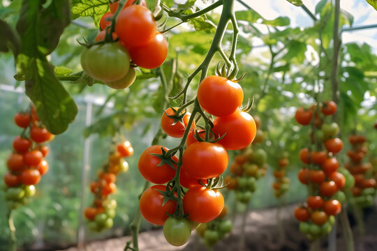 ripe red tomatoes hanging in a greenhouse, neural network generated photorealistic image