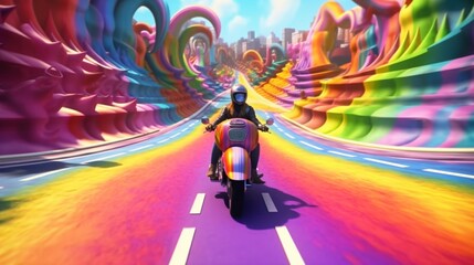 a woman driving a motorcycle on rainbow road in the.Generative AI