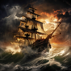 Fototapeta premium ship in the sea, sunset, generative ai