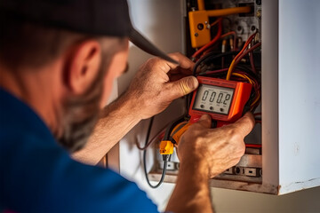 Engaging scene of diligent electrician examining home heating system with a multimeter in cozy, well-lit interior, technical professionalism personified. Generative AI