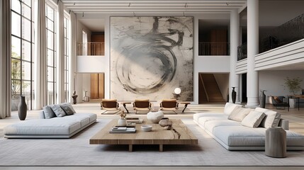  a large living room with a large painting on the wall.  generative ai