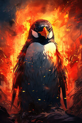 Penguin reborn from Fire and dust Bird made with generative AI