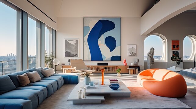  a living room filled with furniture and a large painting on the wall.  generative ai