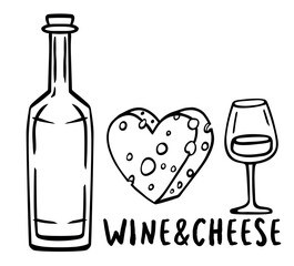 Hand drawn wine, wineglass and cheese on a white background. Vector illustration. Great for menu design