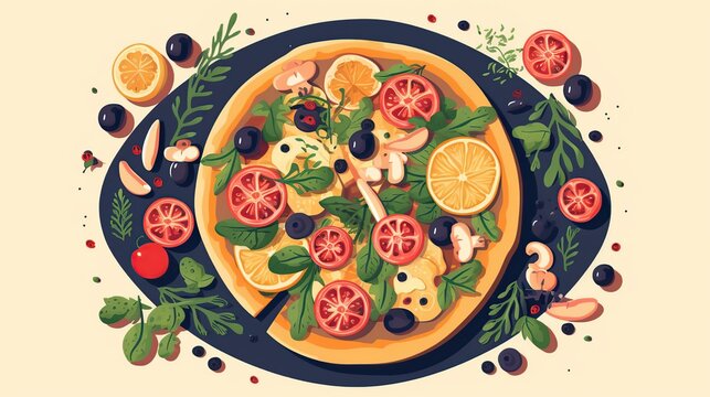 pizza with tomatoes, olives, lemon, and greens clip art preview