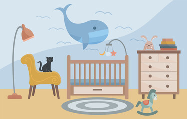 Obraz premium Children's room. Children's bedroom with crib, bedside table, toys, books, armchair, floor lamp. The cat is sitting on a chair. Interior concept. Vector illustration in a flat style.