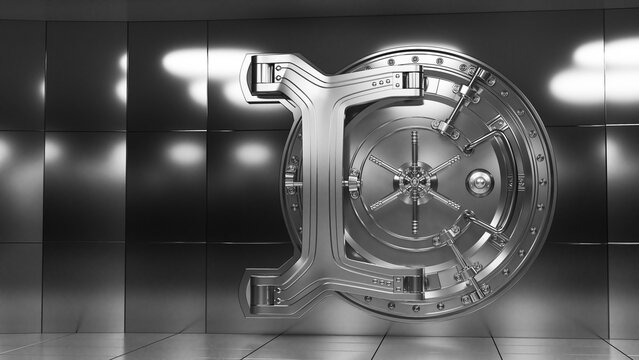 Round steel door of a bank vault. 3d illustration