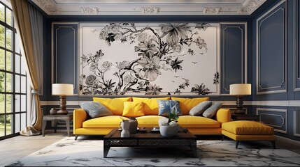  a living room filled with furniture and a painting on the wall.  generative ai