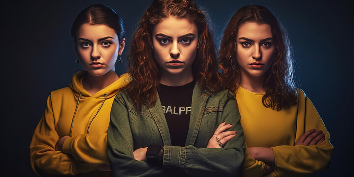 Empowering image of three strong young women defying a storm of cyberbullying from digital devices, with bright text elements on dark, dramatic backdrop. 