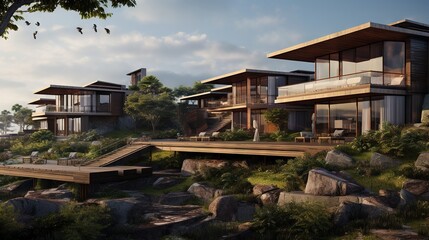  a rendering of a house on a cliff overlooking the ocean.  generative ai