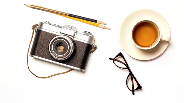 World photography background with camera, coffee, and glasses, generated by AI