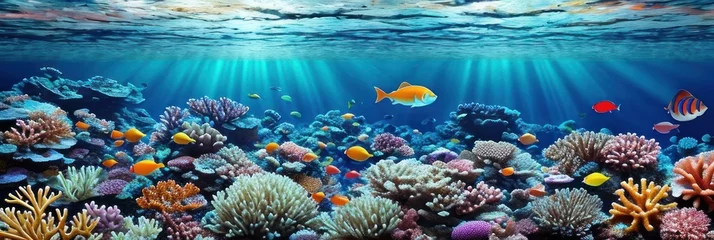 Poster Im Rahmen underwater coral reef landscape wide panorama background in the deep blue ocean with colorful fish and marine life . Banner © useful pictures