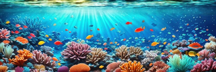 Fototapeta na wymiar underwater coral reef landscape wide panorama background in the deep blue ocean with colorful fish and marine life . Banner