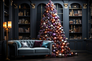 Decorated Christmas tree with gifts in a luxurious interior, new year tradition, merry xmas