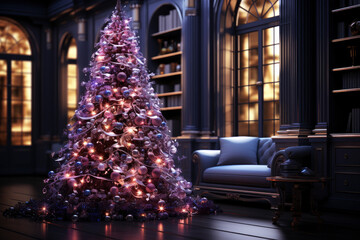 Decorated Christmas tree with gifts in a luxurious interior, new year tradition, merry xmas