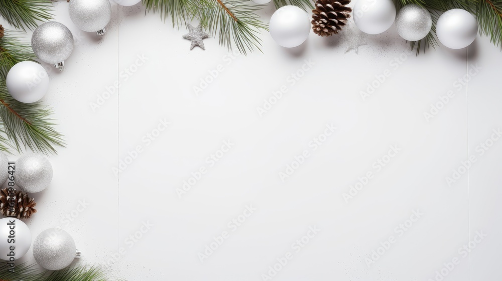 Poster white christmas background with christmas tree branches and balls, winter festive composition with c