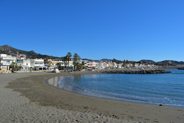 Fototapeta na wymiar Beach in Malaga, Spain. View of the resort area Marítimo el Pedregal