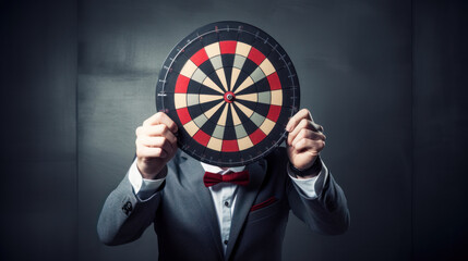 Business man holding darts board