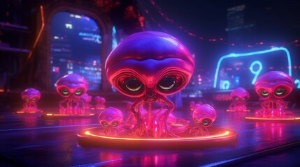 aliens with neon ufos colorful 3D photorealistic.Generative AI