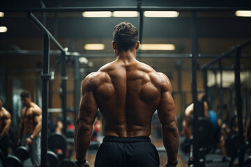 muscular bodybuilder  handsome men doing gym back side view, Handsome strong athletic men pumping up muscles workout bodybuilding concept background - muscular bodybuilder handsome men doing exercises - obrazy, fototapety, plakaty