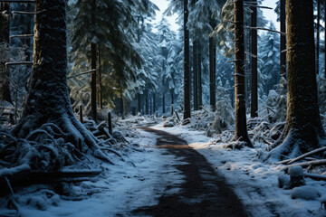 Freezing road in a snowy winter forest, snow and ice in nature, beautiful winter landscape