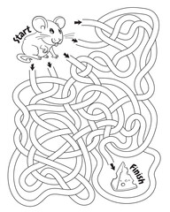 Help the mouse through the maze and find his way to the cheese. Children logic game. Educational game for kids. Attention task. Choose right path. Funny cartoon character. Coloring book