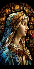 Virgin Mary, the Patron Saint of the Catholic Church.  Generative ai. Stained Glass