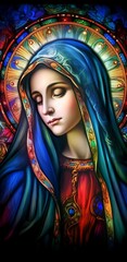 Virgin Mary,  the Patron Saint of the Catholic Church. Generative ai. Stained Glass