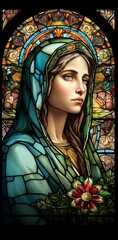 Virgin Mary,  the Patron Saint of the Catholic Church. Generative ai. Stained Glass