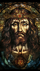 Jesus Christ, the Patron Saint of the Catholic Church.  Generative ai. Stained Glass