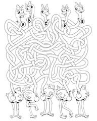 Funny ostriches with long, tangled necks. Children logic game to pass maze. Educational game for kids. Attention task. Choose right path. Funny cartoon character. Coloring book. Vector illustration