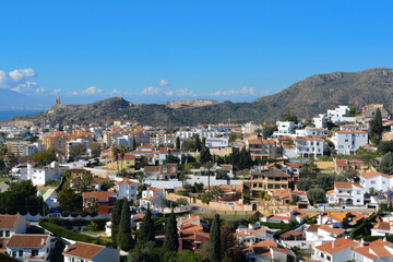 Fototapeta na wymiar Panoramic view of Malaga, Andalusia, Spain. Beautiful white houses. Mountain on the horizon