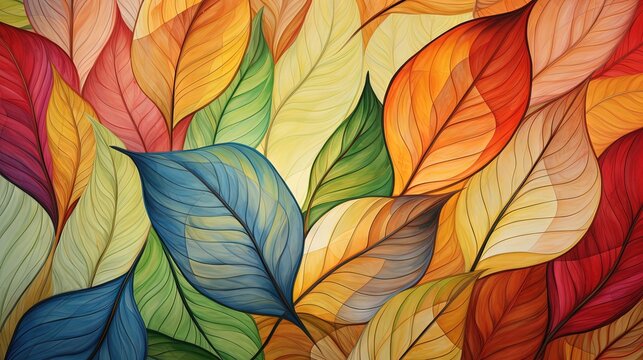  a painting of colorful leaves on a yellow and red background.  generative ai