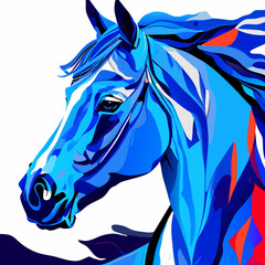 Illustration of a horse head in blue and red colors on a white background