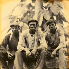 Vintage portrait of three indentured black servants sitting in front of tree - obrazy, fototapety, plakaty