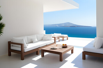 Minimalist greek resort by the sea. Indoor outdoor space with lounging furniture, with cushions and throw