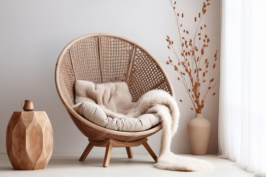 Wicker chair cocoon in a modern living room in boho style. 