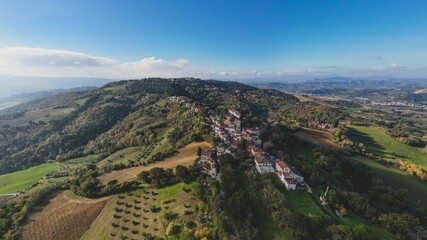 Fototapeta na wymiar Aerial shot of the village of Colbordolo in Macerata, Italy