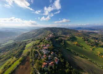 Aerial shot of the village of Colbordolo in Macerata, Italy