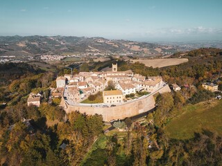 Aerial shot of the village of Montefabbri in Pesaro and Urbino, Italy
