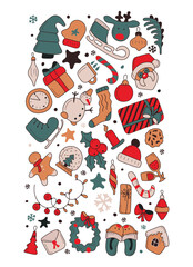 Set of christmas items. Happy new year. Vector illustration. Hand-Drawn. Flat design.