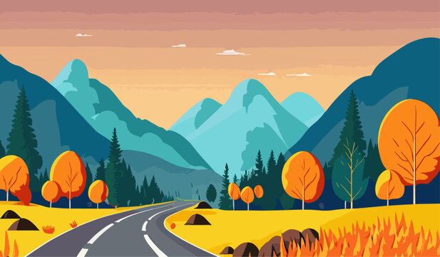 Landscape of mountain empty road in autumn with pines, bushes, orange grass Flat colorful vector illustration