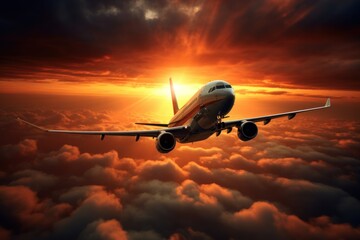 Fototapeta na wymiar photo of airplane flying over sunset