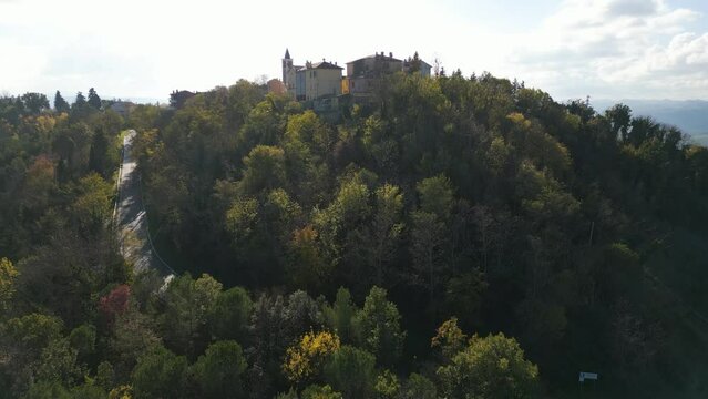 High-angle view of the medieval village of Montecchio in the province of Pesaro Urbino Marche.
